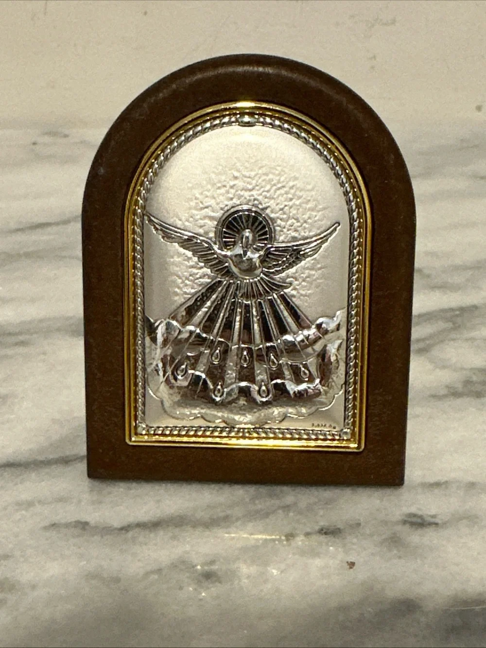 Holy Spirit sterling Silver Dove Arch Plaque in Brown Frame Italy